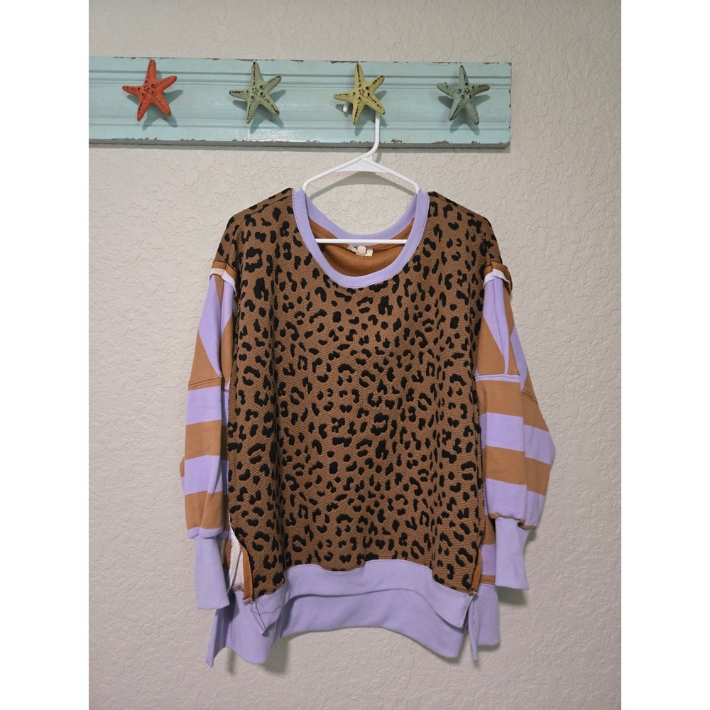 BIBI Leopard Print Striped Mixed Media Sweatshirt Lavender Tan Small IT1941R-01